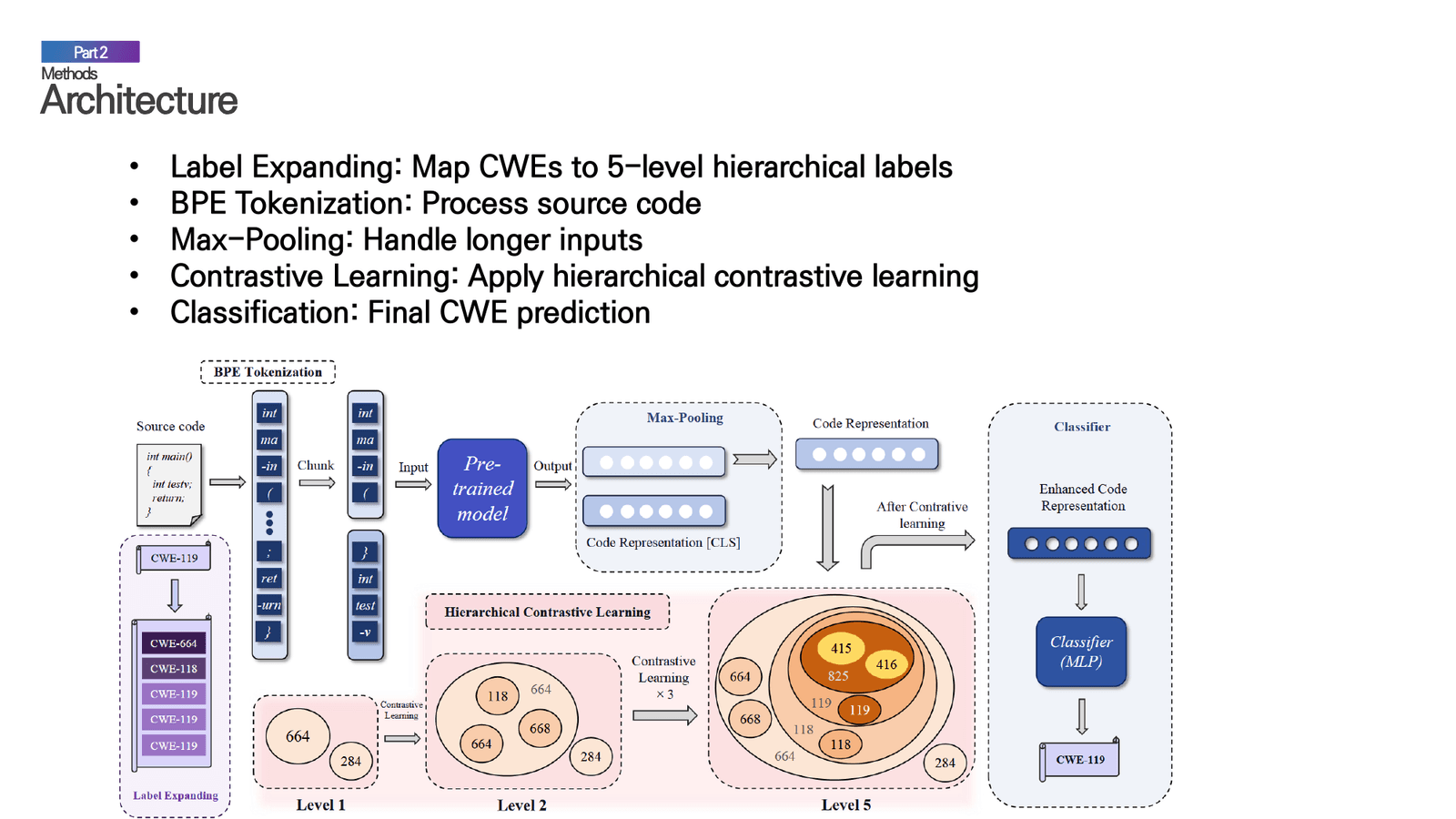 The complete architecture showing BPE tokenization, max-pooling, hierarchical contrastive learning, and classification components.