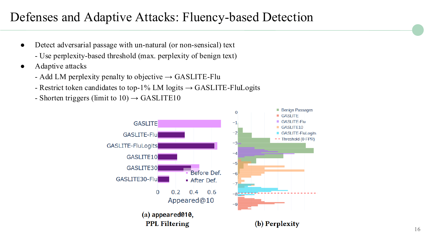 Defense evaluation showing perplexity-based filtering effectiveness and adaptive attack evasion.